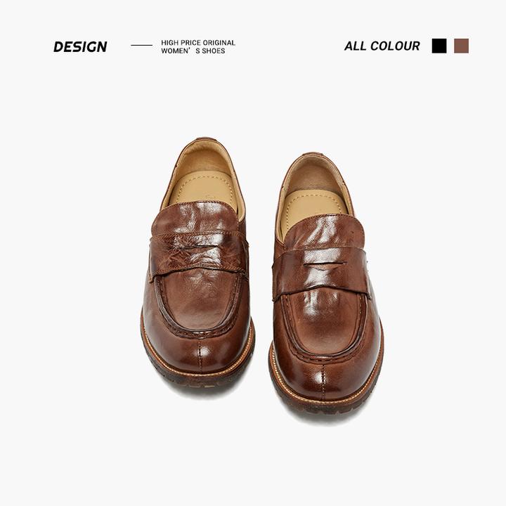 真皮女鞋手工水洗马皮小皮鞋春季单鞋复古英伦风圆头平底乐福鞋