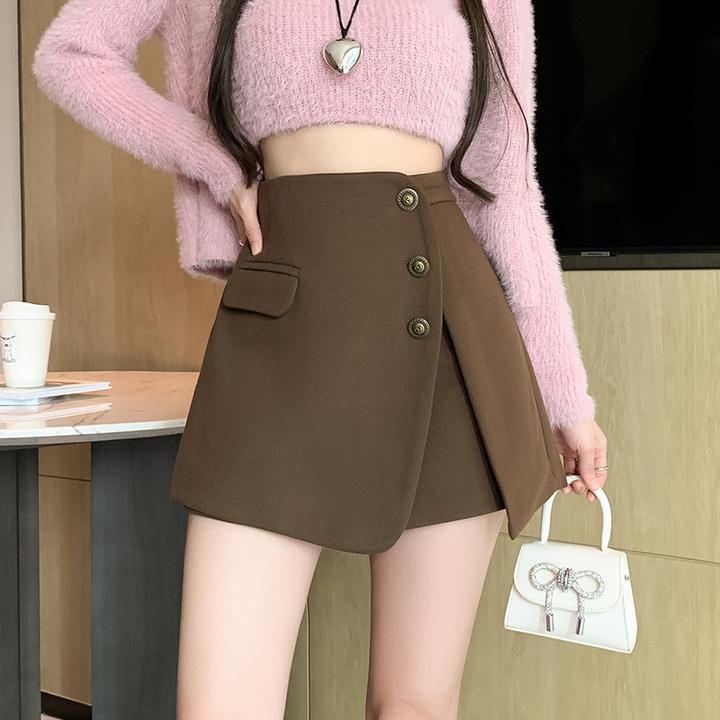 现货毛呢短裤女2024冬新款呢子a字裙裤高腰阔腿靴裤外穿排扣裤裙