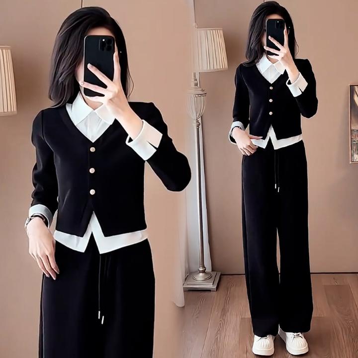 高含棉时尚套装女2025年春秋新款小个子假两件上衣阔腿裤两件套潮