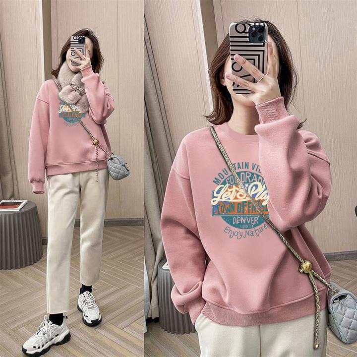 圆领套头打底衫加绒加厚卫衣女2025秋冬季新款宽松韩版潮情侣外套