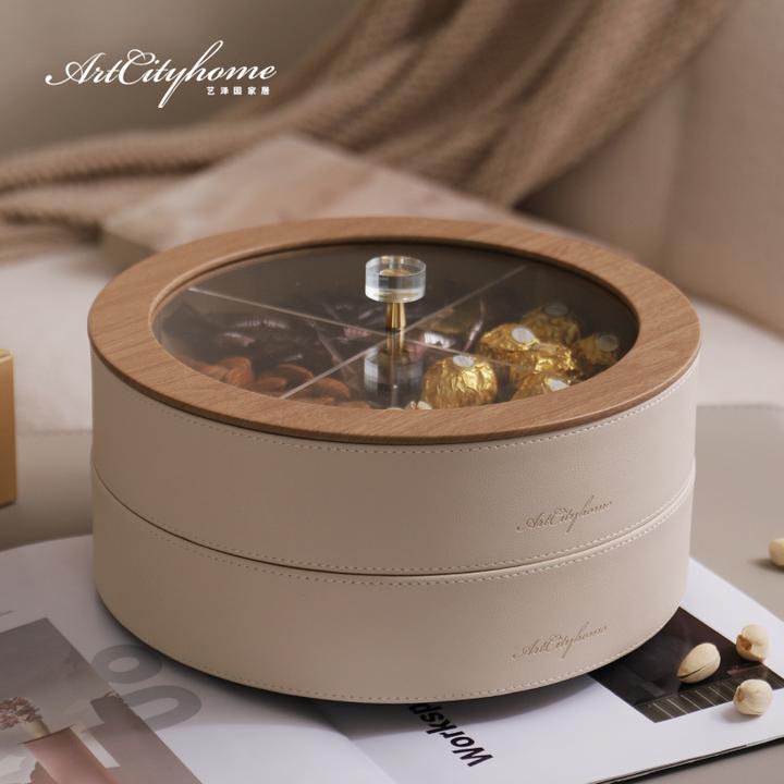 高档原木皮革干果盘家用民宿前台轻奢北欧糖果坚果收纳盒2024新款