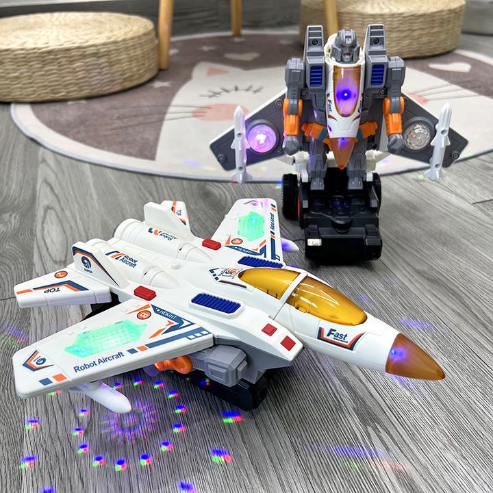 电动变形机器人万向飞机儿童玩具声灯光音乐战斗机自动女孩小汽车