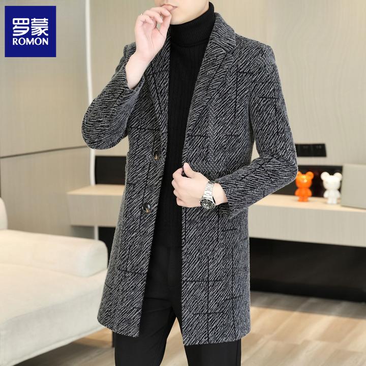 罗蒙秋冬毛呢大衣中长款加棉格纹西装领风衣呢子商务休闲外套男装