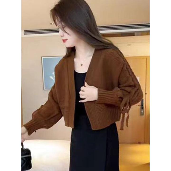 洋气优雅开衫毛衣外套女秋冬韩版短款蝴蝶结时髦洋气针织长袖上衣