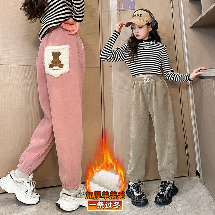 女童裤子秋冬季一体绒加厚2024新款洋气大童儿童冬季羊羔绒束脚裤