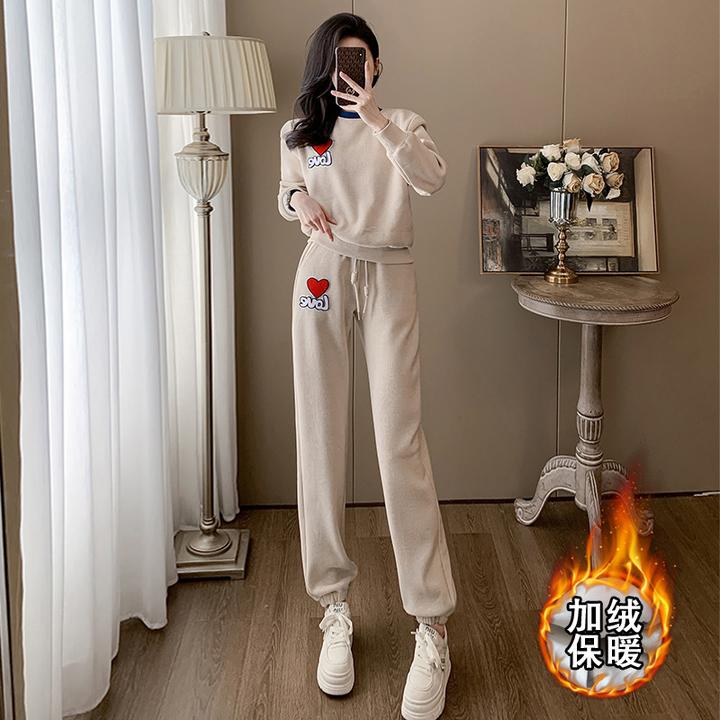 休闲运动套装2024女春季新款韩版时尚洋气显瘦加绒卫衣卫裤两件套