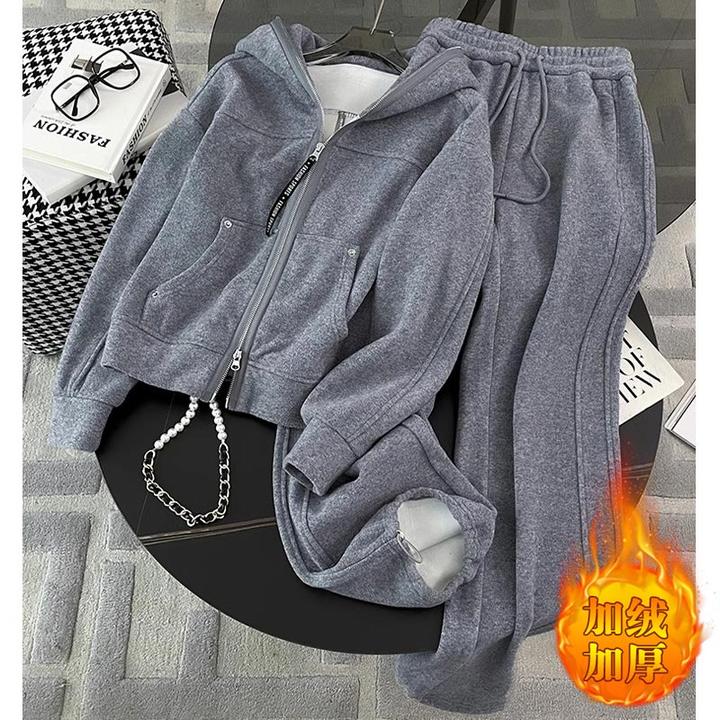 2024年秋冬季新款韩版高级感运动风套装女士加绒外套阔腿裤套装潮