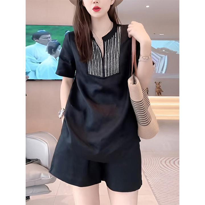 宽松时尚套装女士2024年夏季新款洋气减龄显瘦短袖衬衫短裤两件套