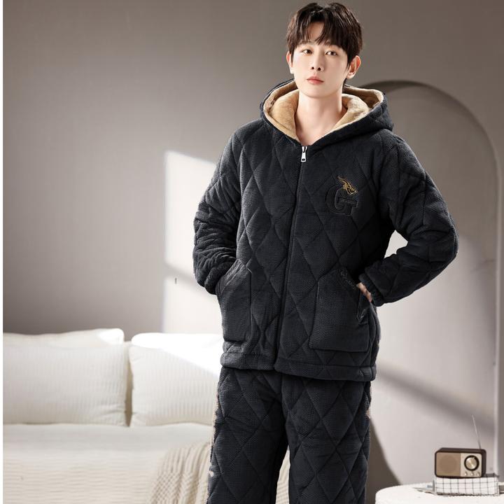 三层夹棉加绒加厚时尚舒适男士冬季新款保暖睡衣男冬款加绒加厚