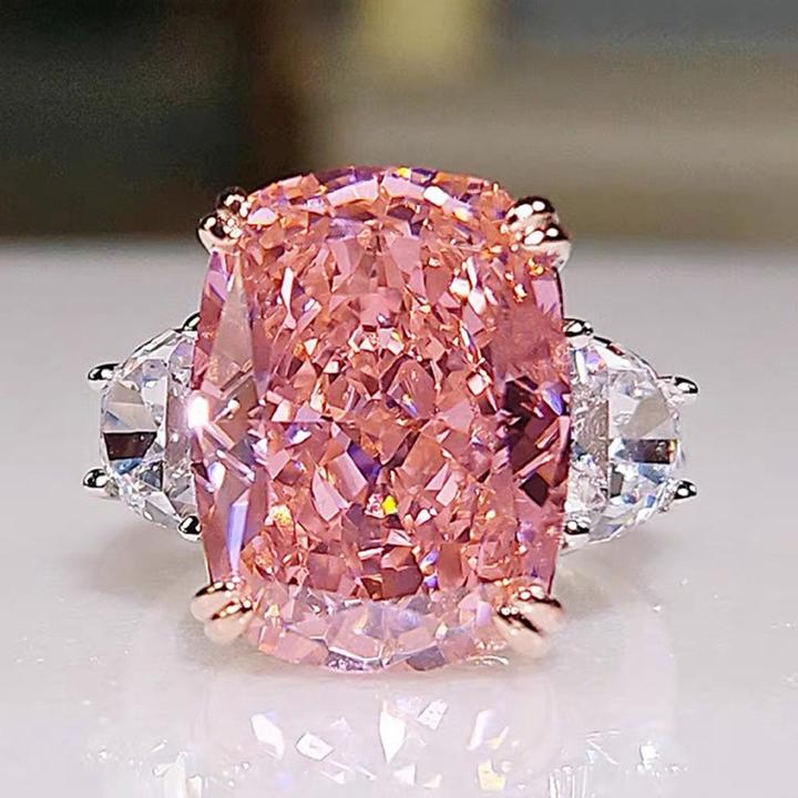 铜合金锆石戒指 爆闪长枕形粉锆石戒指女奢华气质粉色钻开口指环