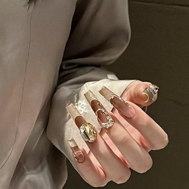 华丽富贵美甲千金名媛欧美长梯法式猫眼渐变秋意绵长可假指甲片