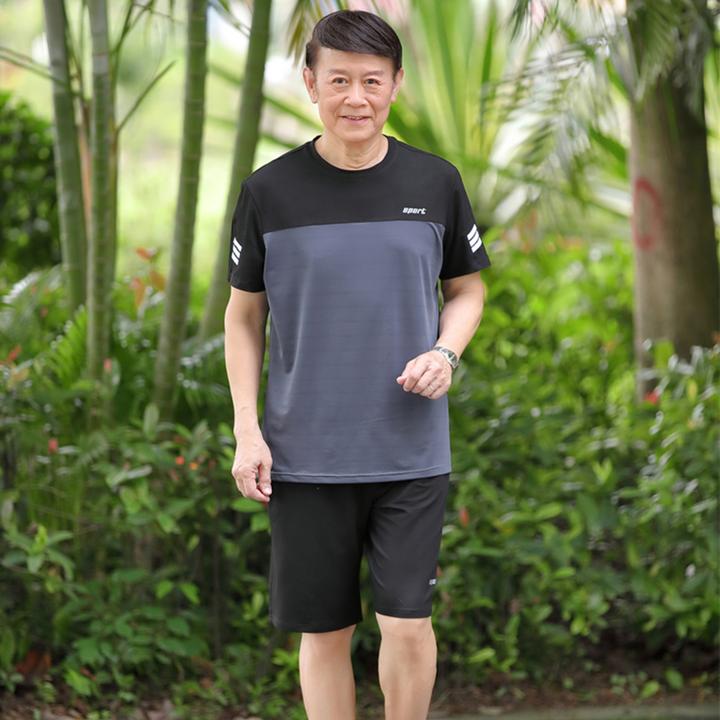 爸爸夏装中老年运动套装夏季男士冰丝速干T恤衫老人父亲短袖爷爷