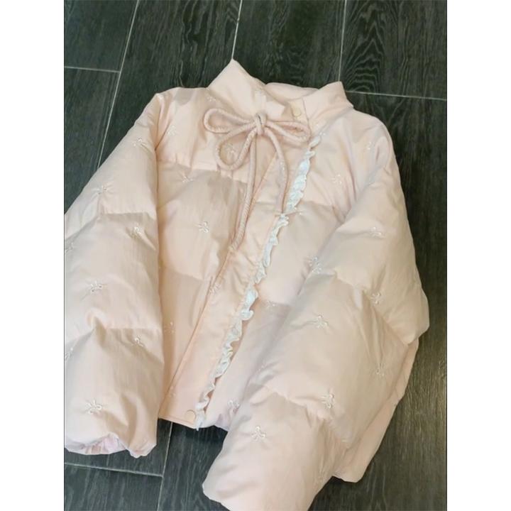 韩系蕾丝拼接棉服外套女新款冬季高级感粉色蝴蝶结系带短棉衣棉袄