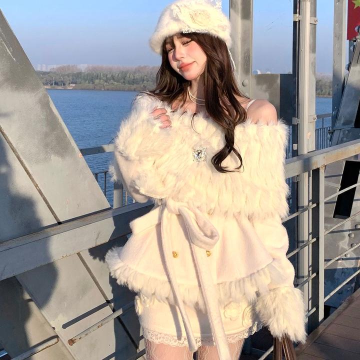 北岛月光一字肩韩版慵懒风外套女秋冬款复古毛领显瘦气质纯欲套装