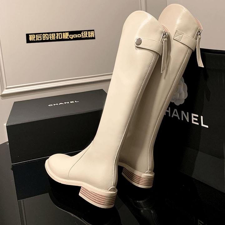 牛皮法式米白色v字v型口长筒靴低跟骑士靴小个子高筒长靴女秋冬款