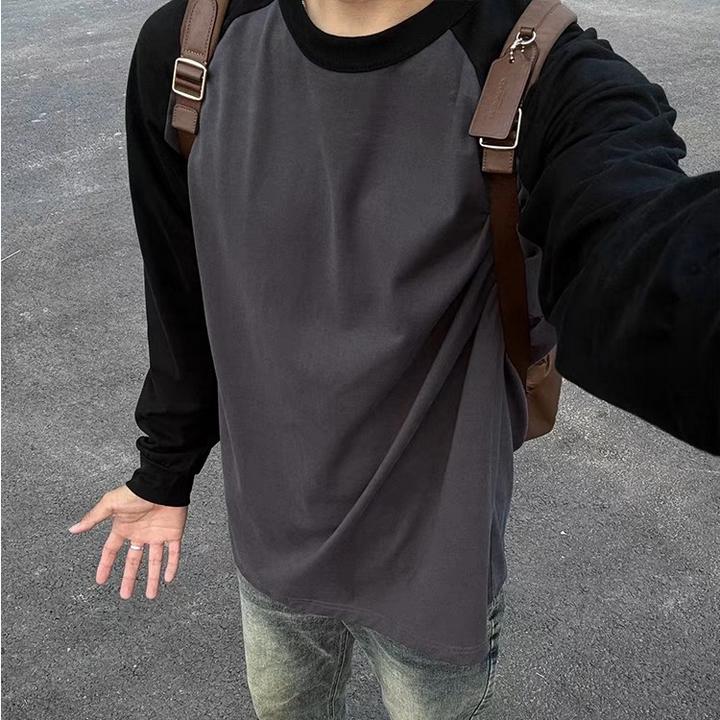 美式潮牌插肩纯棉撞色长袖T恤重磅宽松春秋男士卫衣外穿圆领上衣