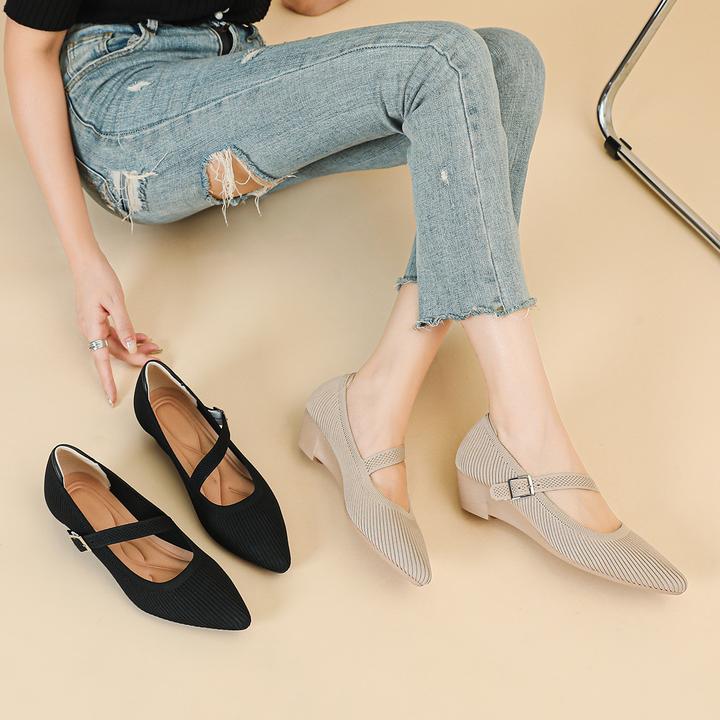 2025年新款时尚跛跟针织玛丽珍鞋时尚舒适魔术贴绑带鞋尖头女单鞋