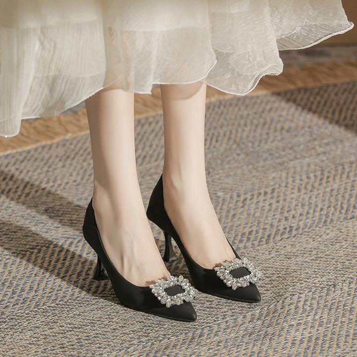 2025年春季新款尖头高跟鞋女细跟韩版百搭水钻工作鞋女职业单鞋女