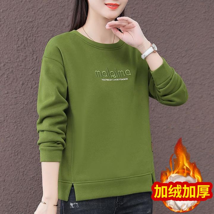 女士加绒加厚卫衣圆领2024秋冬新款中年妈妈洋气休闲大码宽松上衣
