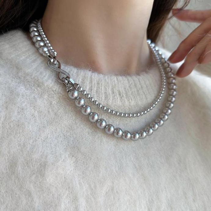 非金属仿珍珠项链  可拆分叠戴8字扣珠珠项链高级感秋冬毛衣链女