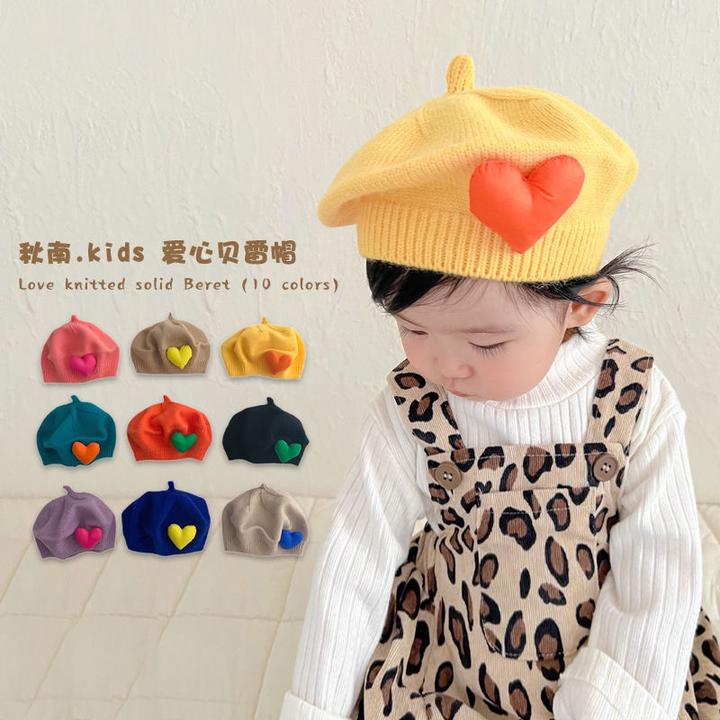 秋冬儿童贝雷帽男女宝宝可爱超萌爱心蓓蕾帽婴儿糖果色针织画家帽