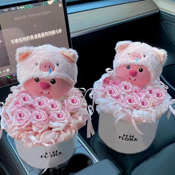 【茹栩】浪漫礼物女孩海狸loopy抱抱花束玩偶永生花生日礼物送女生