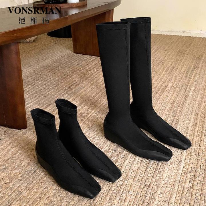 方头内增高显瘦短靴女不过膝弹力长靴子女2025新款爆款洋气长筒