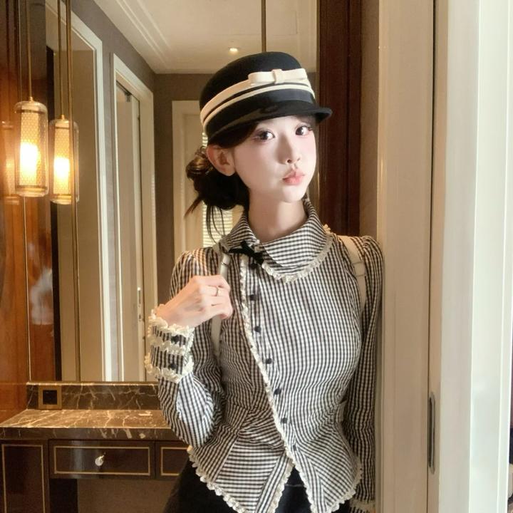 设计感减龄少女加绒格纹斜襟娃娃领衬衫上衣女秋冬新款显瘦短裤子