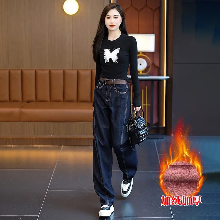 时尚牛仔直筒裤女2024秋冬季新款百搭休闲宽松高腰减龄深蓝牛仔裤