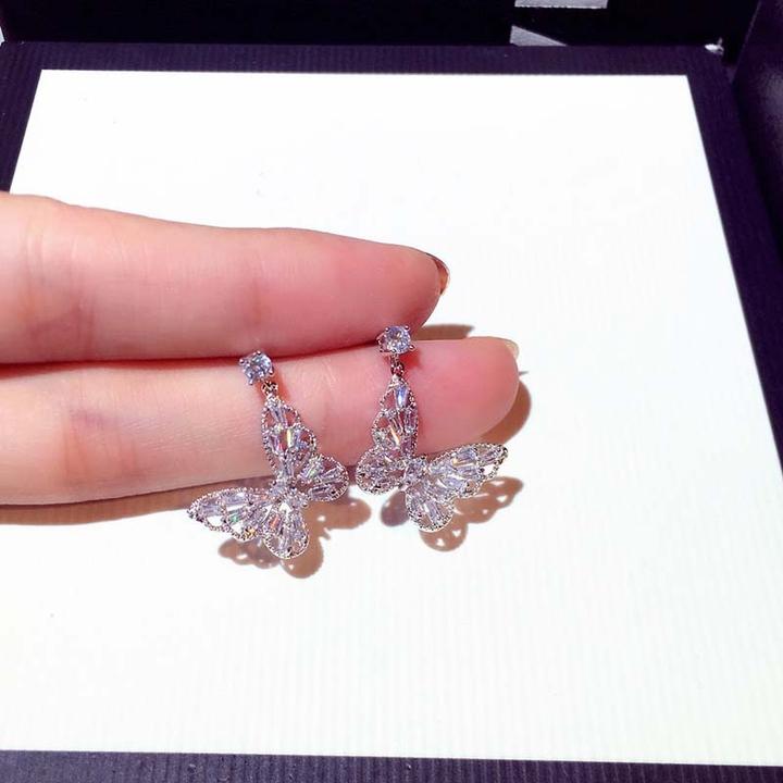 铜合金合成锆石耳饰 时尚蝴蝶银针耳钉锆石气质耳环精致百搭耳饰