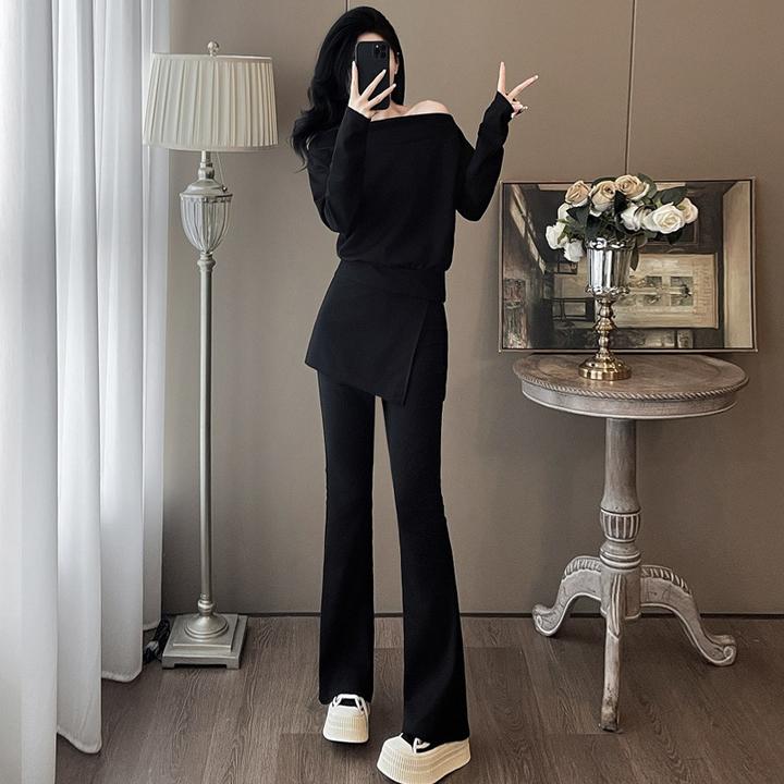 早秋穿搭套装2025韩版宽松慵懒一字肩套头卫衣高腰微喇裤两件套女