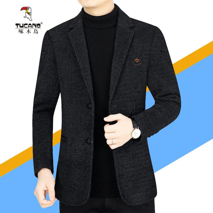 啄木鸟2024春秋新款男士西装外套修身加厚雪尼尔商务西服上衣提花