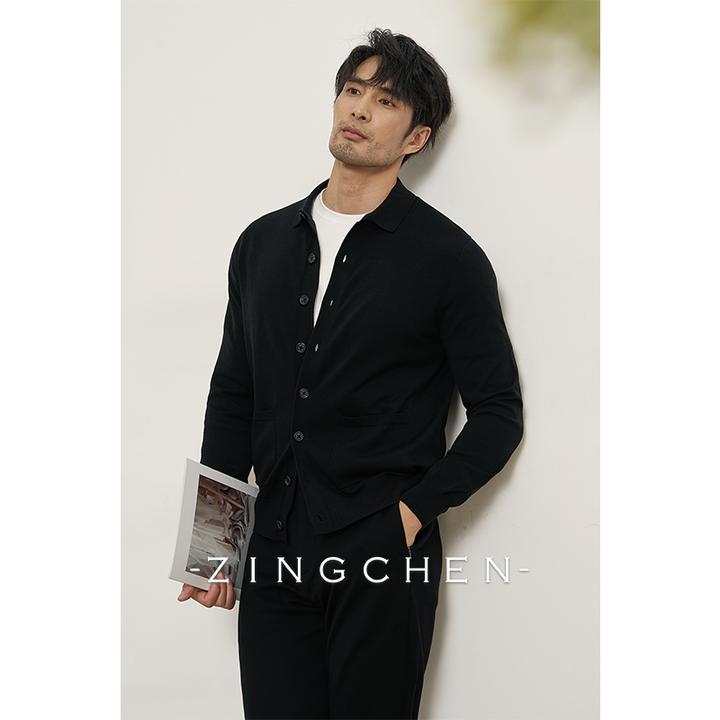 【奢华桑蚕丝】ZINGCHEN春秋翻领针织开衫男 纯色保暖休闲商务外套