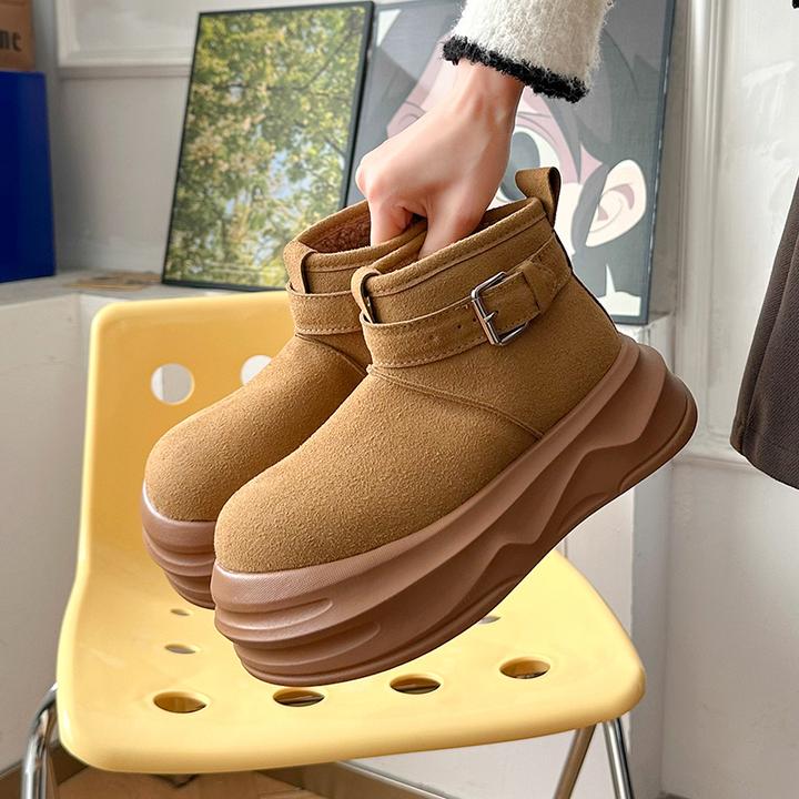 步狮登磨砂皮大头厚底松糕丑萌面包鞋雪地棉靴短靴显瘦小个子女