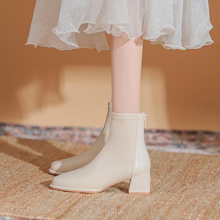 百搭白色高跟短靴女2025秋冬法式加绒保暖防滑粗跟瘦瘦马丁靴