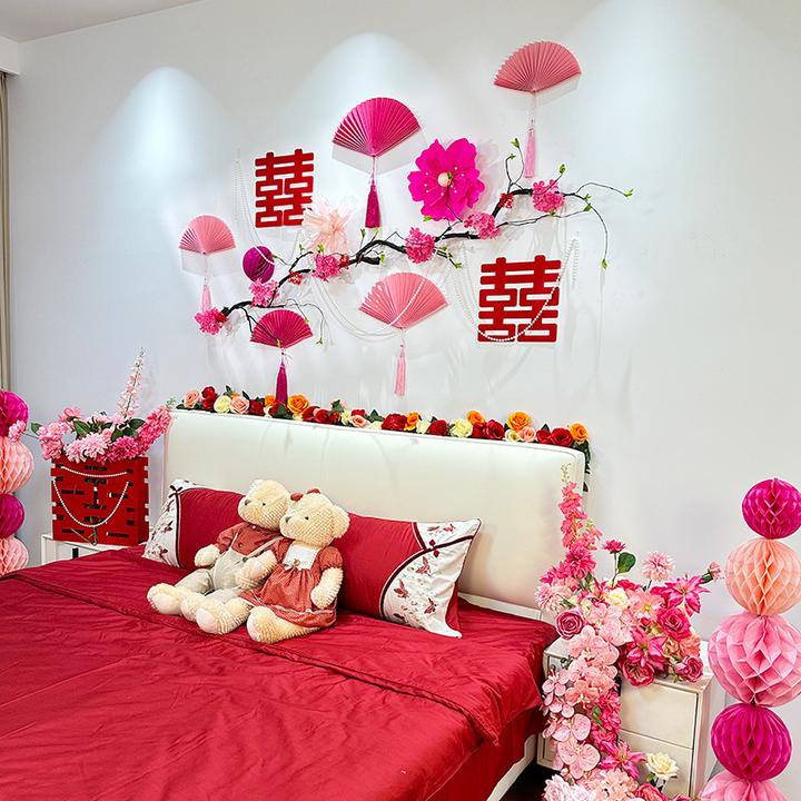 婚房布置床头背景墙套装结婚礼蝴蝶喜字仿真花新房卧室装饰