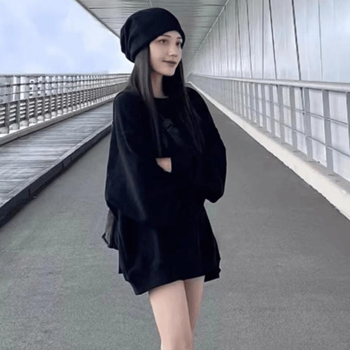 黑色圆领卫衣女秋冬宽松显瘦休闲oversize加绒加厚中长款百搭上衣