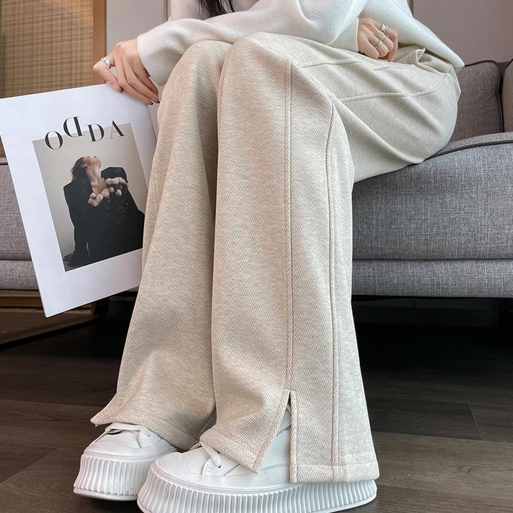加绒加厚人字纹毛呢开叉香蕉阔腿裤女秋冬季大码九分直筒宽松长裤