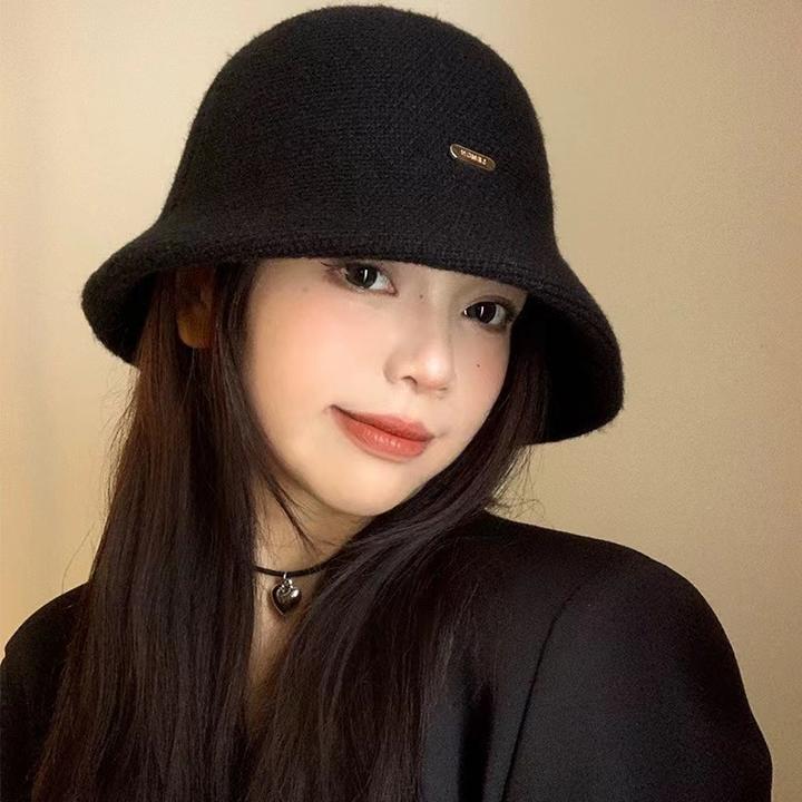 新款秋冬针织渔夫帽日系百搭大头围黑色水桶帽韩版显脸小毛线女帽