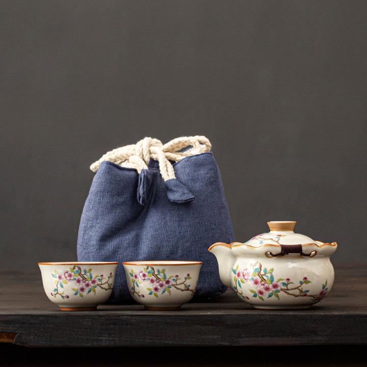 汝窑旅行茶具套装家用陶瓷小套户外车载便携收纳手抓壶盖碗快客杯