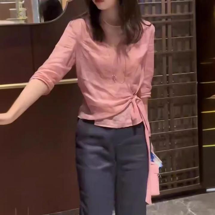 早秋新款时尚V领侧边系带收腰上衣时尚直筒九分裤女装2301