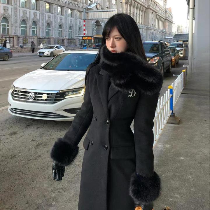 法式千金风高级感收腰呢子夹棉大衣冬季新款长款夹棉毛呢外套女