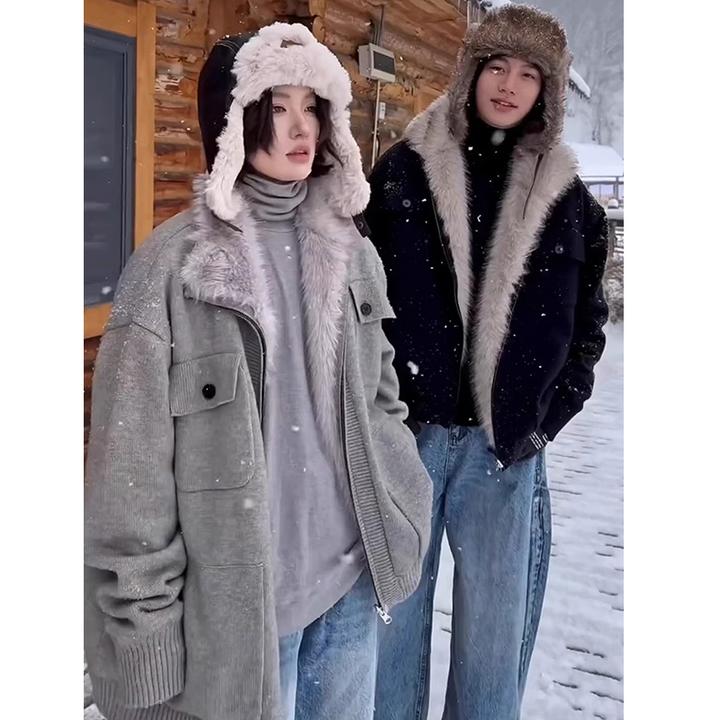 美式复古短款毛衣座山雕男秋冬cleanfit加绒加厚重磅针织毛衣外套