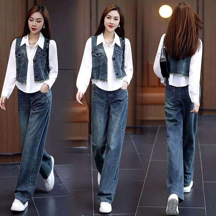 牛仔裤2024春秋新款爆款经典蓝色白色披肩三件套显瘦大码时尚女款