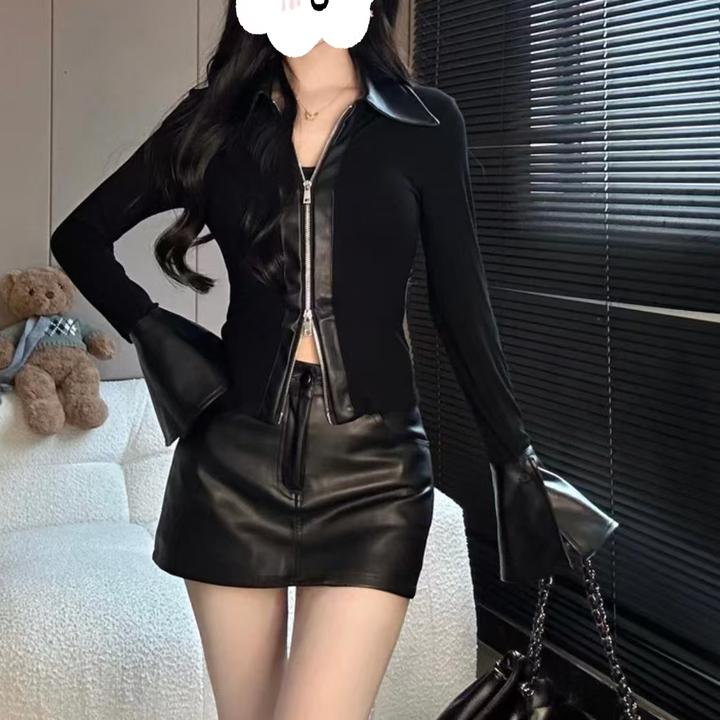 2024秋季设计感小众拼接喇叭袖打底衫辣妹高腰显瘦黑色皮裙套装