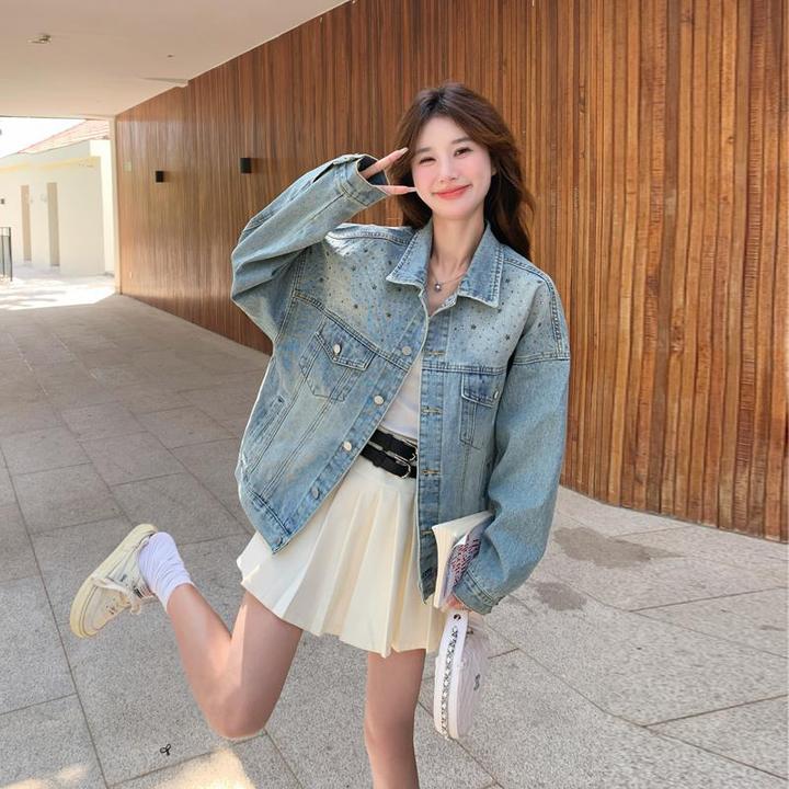 美式复古烫钻做旧牛仔短外套女秋小个子超好看时尚休闲高级感夹克