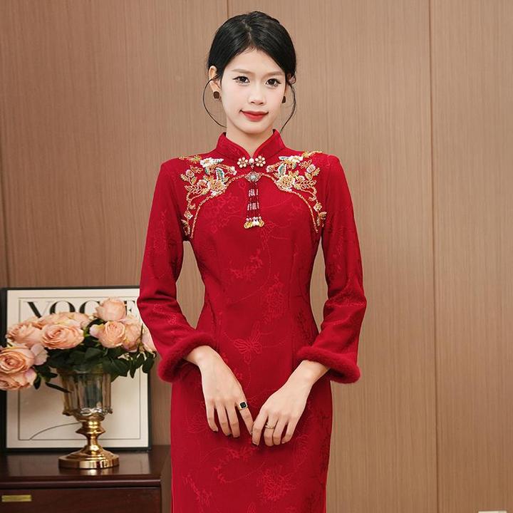 红色旗袍敬酒服新娘冬季加绒2024年新款小个子结婚订婚礼服新中式