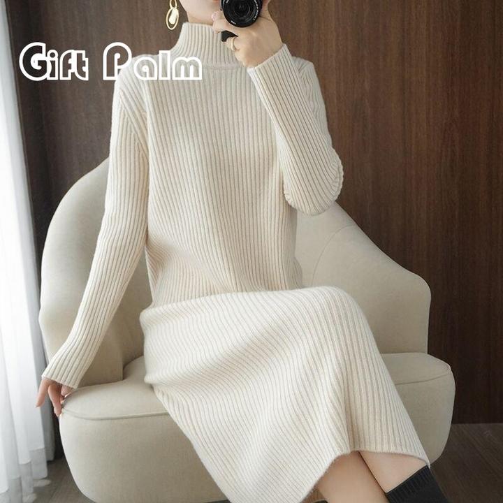 GiftPalm半高领毛衣裙女秋冬新长款宽松羊毛衫保暖针织打底连衣裙
