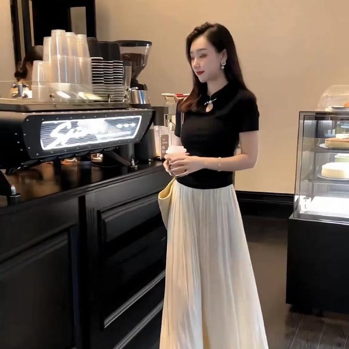 新中式国风黑色短袖上衣女夏装时尚减龄休闲高腰显瘦运动阔腿裙裤