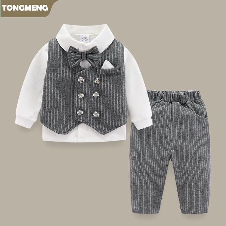 婴儿长袖套装春秋季英伦风男宝宝绅士西装三件套百天周岁生日礼服